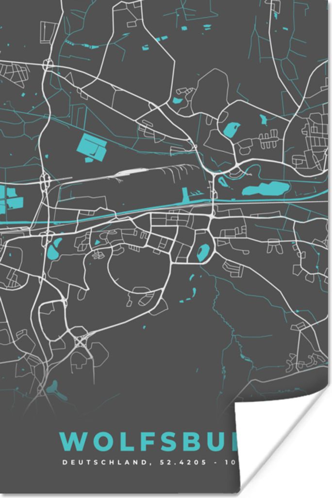 MuchoWow Poster Stadtplan - Karte - Wolfsburg - Blau - Deutschland - Karte 20x30 cm - Papierdruck