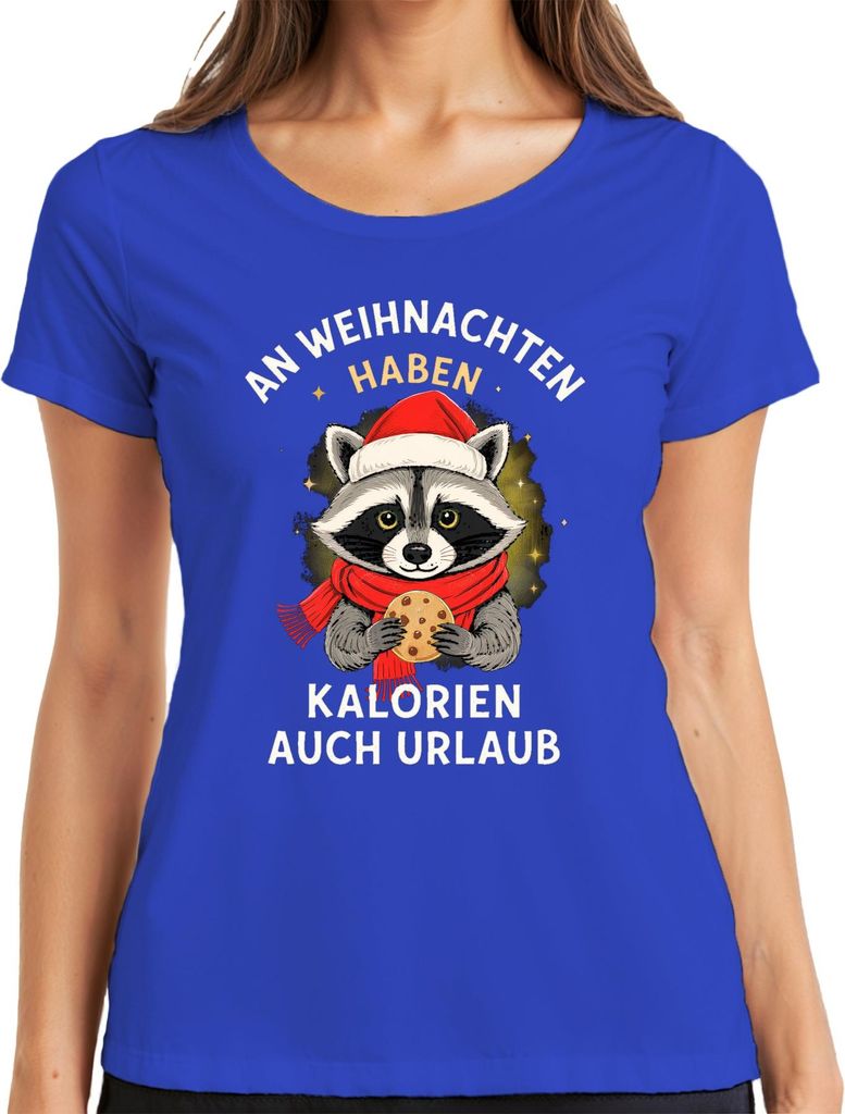 Weihnachten Kalorien haben Urlaub Waschbär Keks lustig Geschenk Damen T-Shirt, Blau, L
