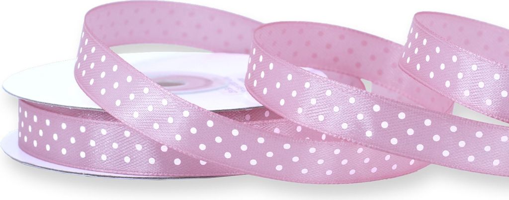 Einseitig glänzendes, weiß gepunktetes rosanes Satinband auf Rolle. Perfekt für Bastelprojekte und Geschenkverpackungen