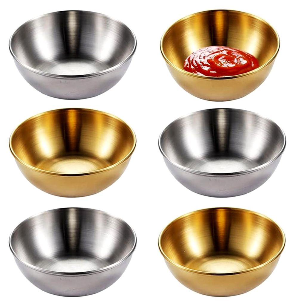 6 kleine Servierschalen aus Metall, Dip-Schalen, runde Saucenschalen (3 Gold und 3 Silber)