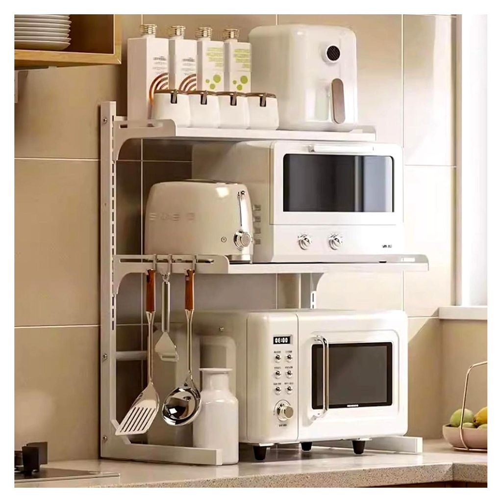Verstellbares 3-stöckiges Mikrowellenregal – ausziehbares Toaster-Regal aus Metall für die Küchenarbeitsplatte (weiß) – freistehende, platz...