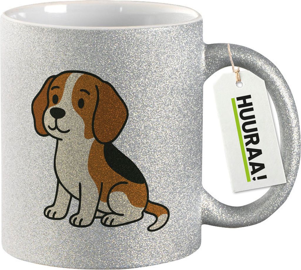 Huuraa Glitzertasse Beagle Comic Beagie 330ml Silber Keramik Kaffeebecher Geschenkidee