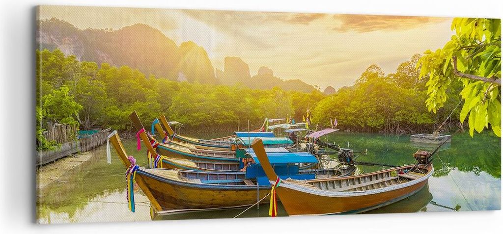 Bild auf Leinwand - Leinwandbild - Berge Boot Wasser - 100x40cm - Wand Bild - Wanddeko - Wandbilder - Leinwanddruck - Bilder - Kunstdruck - Wanddek...