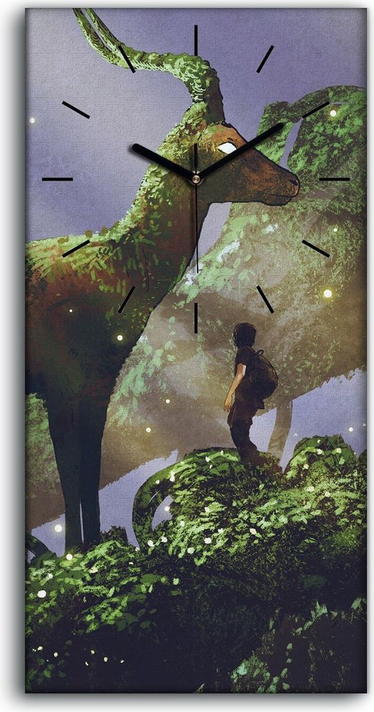 Wohnzimmer-Bild Leinwand Uhr 30x60 Wanderer und riesige Hirschstatue Wald - schwarze Hände