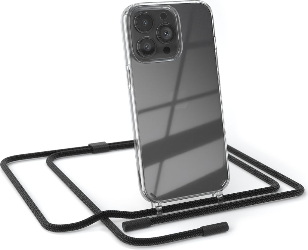 EAZY CASE Handykette für Apple iPhone 13 Pro, Clear Case aus Silikon, mit Umhängeband, abnehmbare Endstücke, Handyband in Schwarz