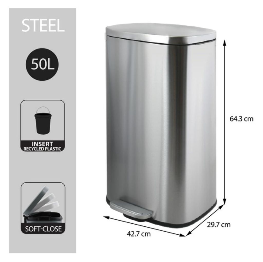 Spirella Abfalleimer 50 Liter Edelstahl mit Absenkautomatik und Inneneimer "Akira" Küche Mülleimer Softclose Abfalleimer silber matt