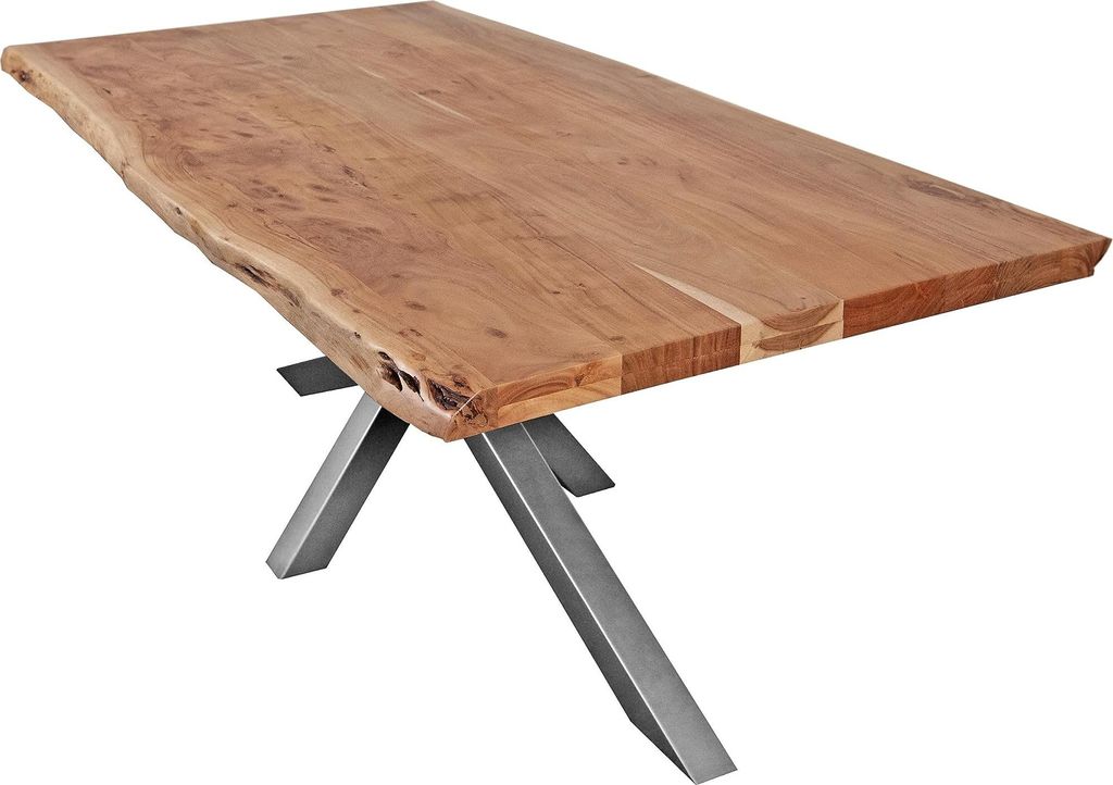 Esstisch 300 x 100 cm Cali, Baumkantentisch naturfarben, Akazienholz massiv, Spider-Gestell aus Metall Silber, aufgedoppelte Kanten 25+25 mm