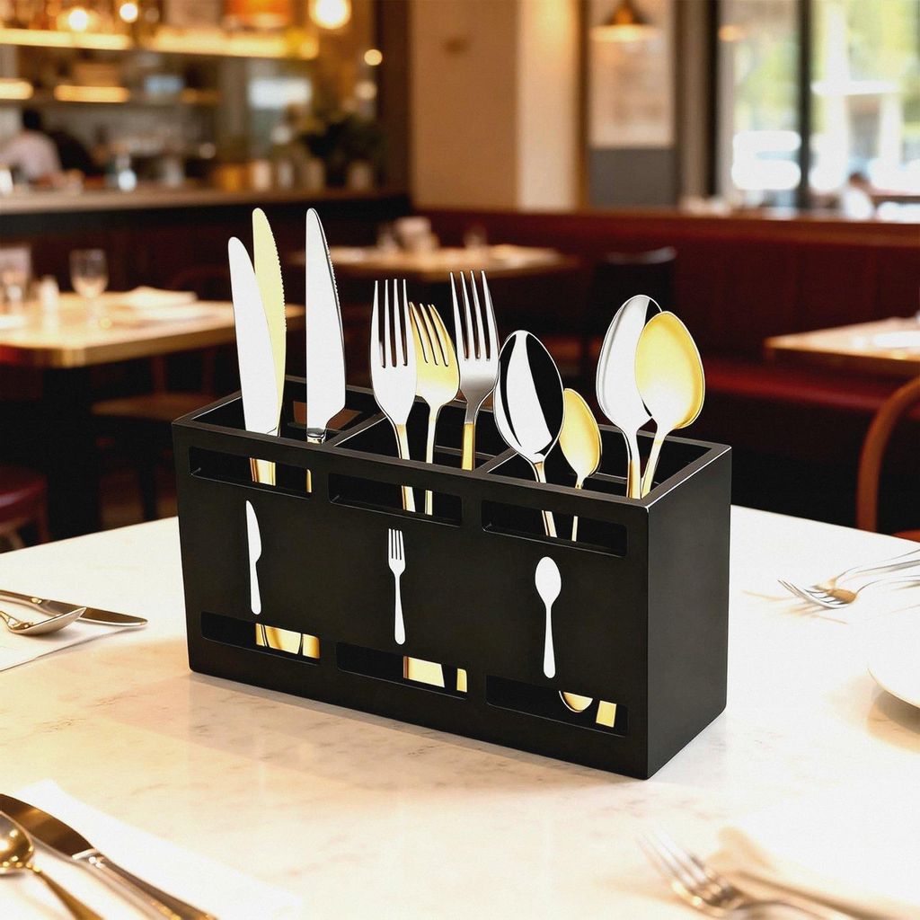 Utensilienhalter Küche Holz schwarz 3 Fächer – Besteckhalter & Küchenorganizer mit Griff & Anti-Rutsch-Pads, Aufbewahrung für Kochlöffel & K...