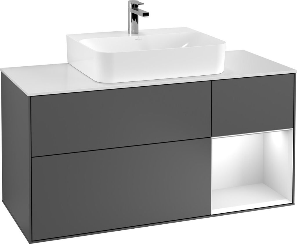 Villeroy & Boch Waschtischunterschrank FINION 1200 x 603 x 501 mm, mit Abdeckplatte Glas White Matt Regalelement Walnut Veneer Anthracite Matt
