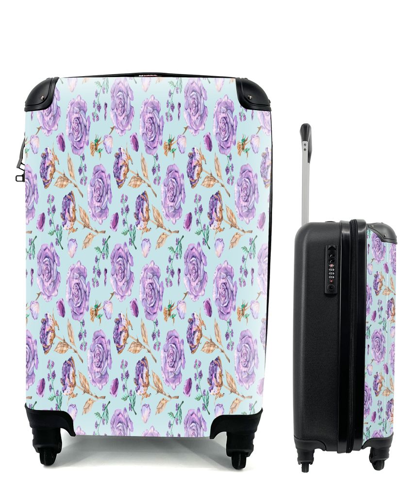 MuchoWow Koffer Handgepäck Trolley Rollkoffer Kleine Reisekoffer mit 4 Rollen - Blumen - Rosen - Flieder - Cabin Size < 55x40x23 cm & 55x40x20 c...