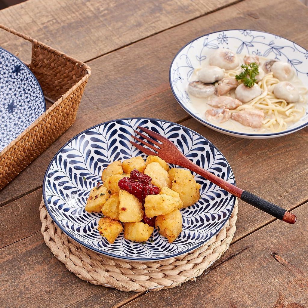 Keramische Pastakommen Set - Blaue und Weiße Schalen - 20 cm - Dinner - Flache Teller Set von 4 - Servieren - Vorspeise - Dessert - Snack - 8 Zoll...