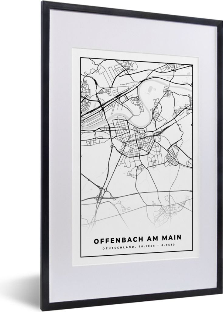 MuchoWow Gerahmtes Poster Karte - Offenbach am Main - Karte - Stadtplan 40x60 cm - Poster mit Schwarzem Bilderrahmen Wandposter Rahmen Foto Bilde...