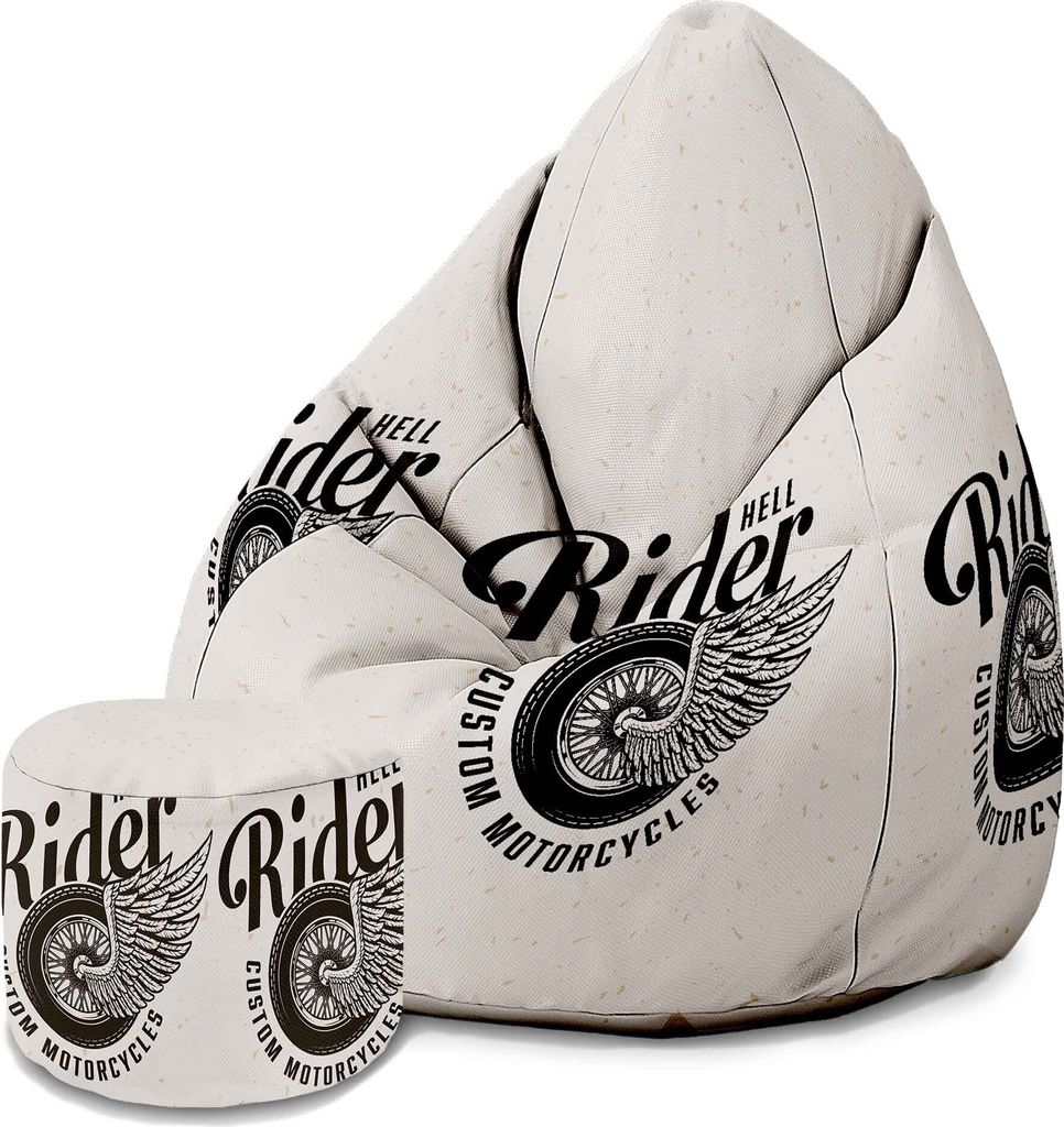 Dreamroots Bean Bag 80x80x120cm Sitzsack mit Lehne und Hocker und Bezug Sitzkissen Boden Chill Sack Bubibag Sitzsack Vintage Motorbike