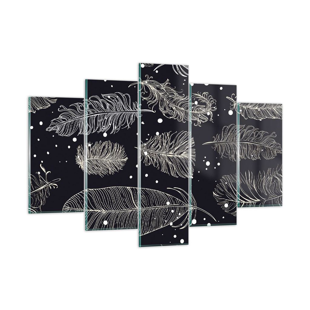 Bilder auf glas - 5 Teile - Federn Grafiken Gliederung - 150x100cm - Glasbilder - Wandbilder - Bilder - Wanddekoration aus Glas - Glas Bilder - Wan...