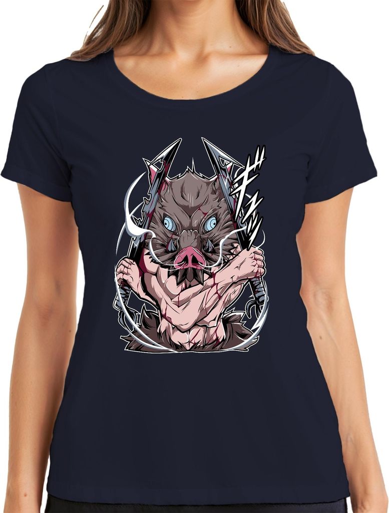 Anime Wildschwein Dämonenjäger Zweiklingen Manga Cosplay Damen T-Shirt, Navy, 3XL