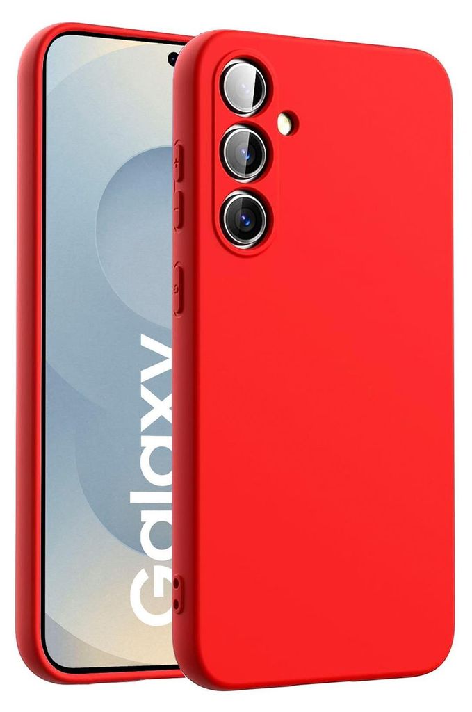 A red phone case is shown on a light gray background with the word 'Galaxy' visible on the phone screen.
