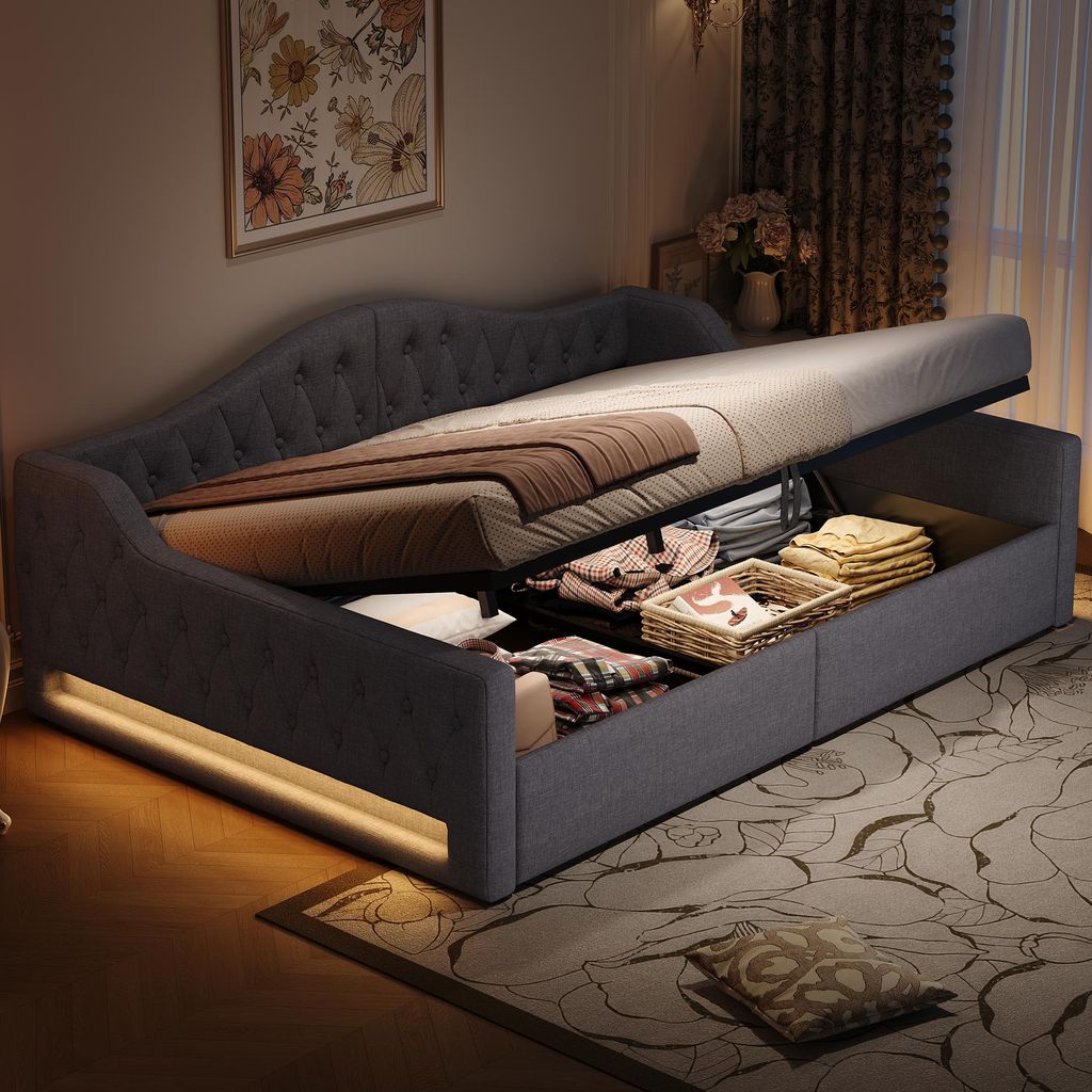 Sweiko Gepolstertes 140x200 Tagesbett mit LED-Gürtel und Stauraum darunter, Grau