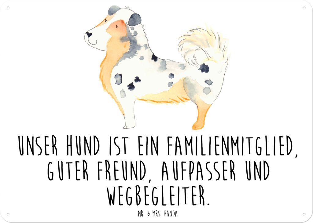 Mr. & Mrs. Panda Blechschild Hund Australien Shepherd DIN A6 - Weiß - Geschenk, Sprüche, tafel, Familienhund, Magnetschild, Schild, Familie, Tür...
