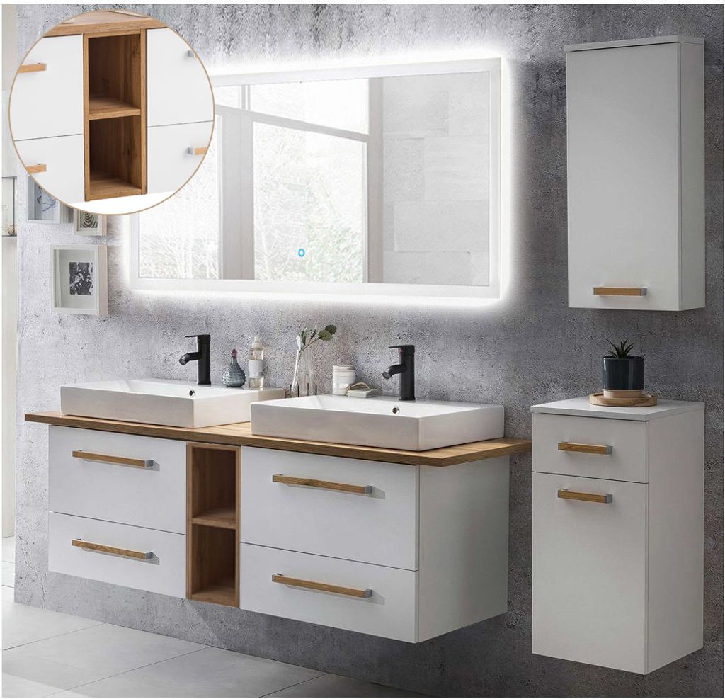Badmöbel-Set mit 165cm Waschtisch & LED-Spiegel DABO-04 weiß mit Eiche Landhaus, B/H/T 210/200/50