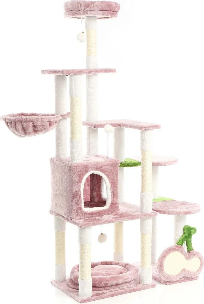 Arbre à chat stable 162 cm anti-griffures - Design cerise rose avec cachette