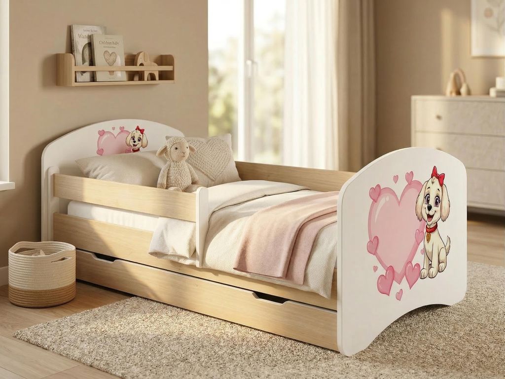 Kinderbett "Happy" 140x70 cm mit Schublade & Rausfallschutz | Juniorbett Holzoptik Birne | Stabiles Kleinkindbett
