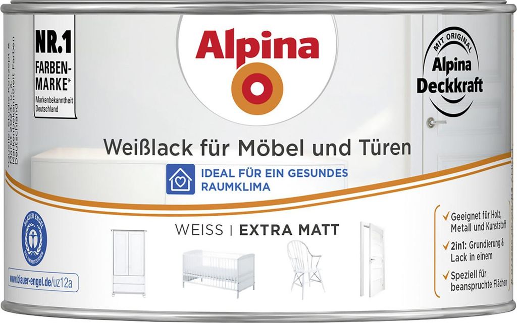 Alpina Weißlack für Möbel & Türen 300 ml weiß extra matt Produktbild 