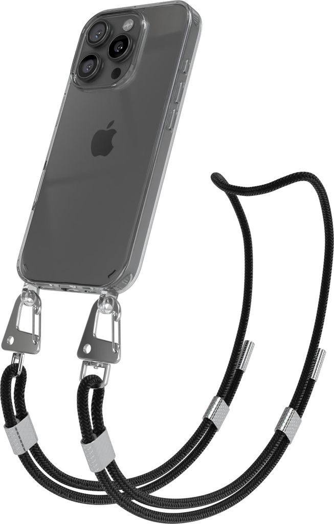 EAZY CASE Handykette für Apple iPhone 16 Pro, Transparente Silikonhülle mit Band, Clear Case, abnehmbar in Schwarz