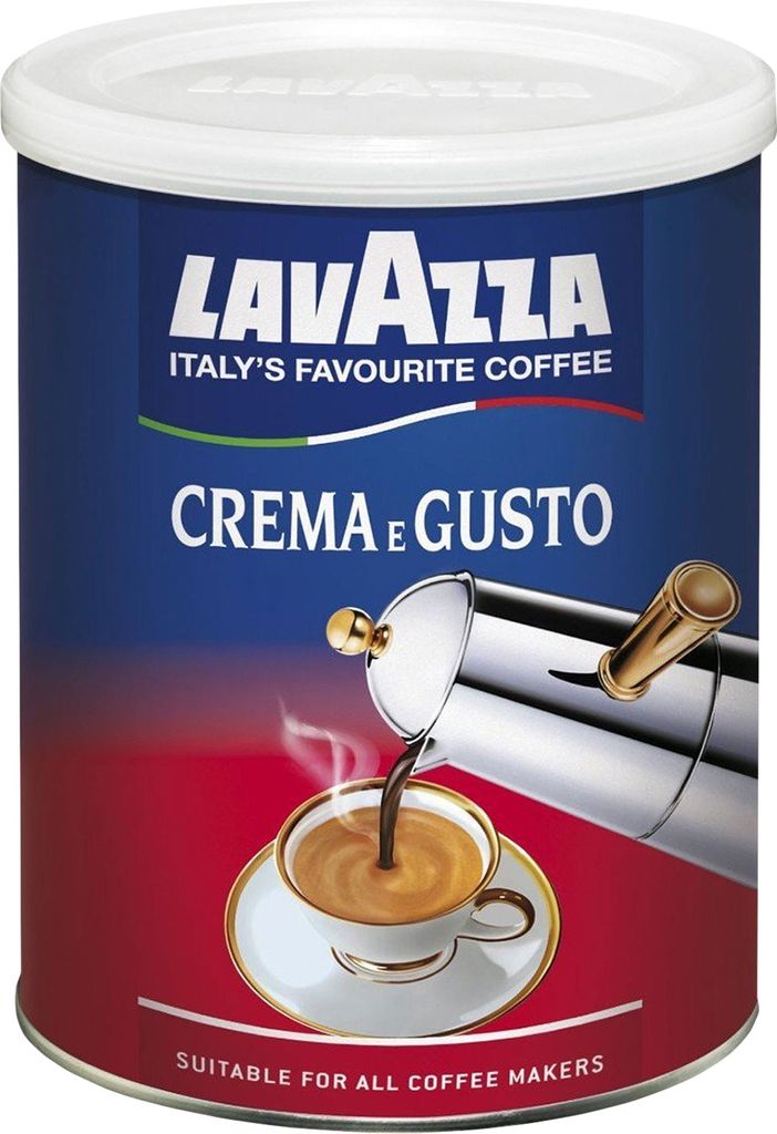 A can of Lavazza coffee with a cup of coffee being poured into it.