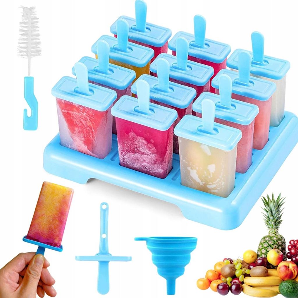 12er Set BPA-freie Eisformen mit Trichter & Bürste, wiederverwendbar, kindersicher, blau