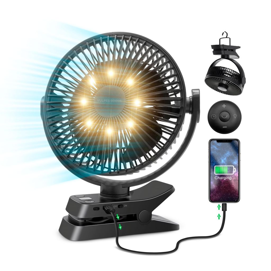Vulpes Goods Tischventilator, wiederaufladbar und kabellos, leiser Ventilator mit Fernbedienung, 5 Geschwindigkeiten, Beleuchtung & Powerbank-Funktion