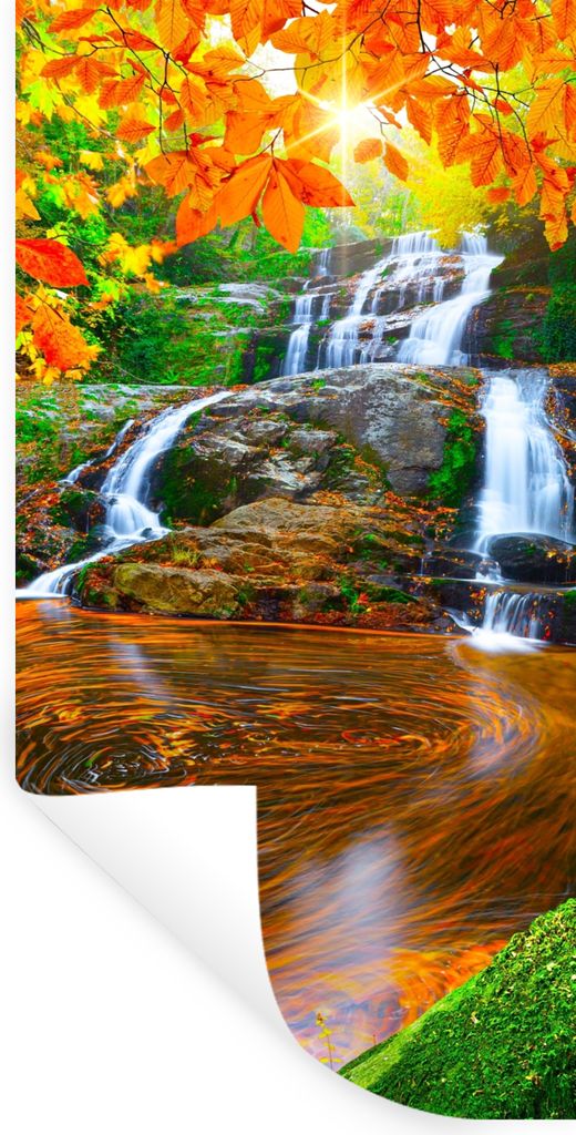 MuchoWow Wandtattoo Wandsticker Wandaufkleber Natur - Wasserfall - Steine - Moos - Blätter - Grün 60x120 cm Selbstklebend und Repositionierbar ...