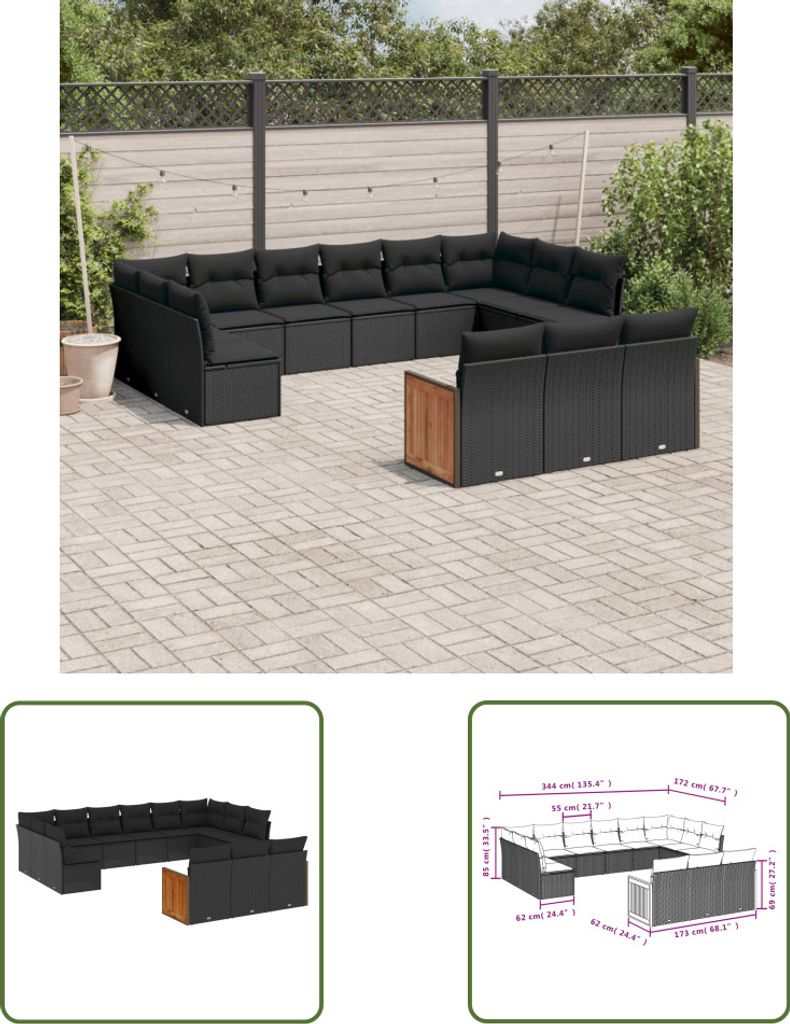The Living Store 13-tlg. Garten-Sofagarnitur mit Kissen Schwarz Poly Rattan