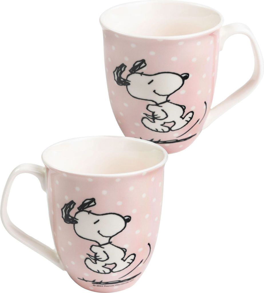 The Peanuts Snoopy Tasse - Kaffeetasse Becher Kaffeebecher aus Keramik Rosa mit Punkten 280 ml