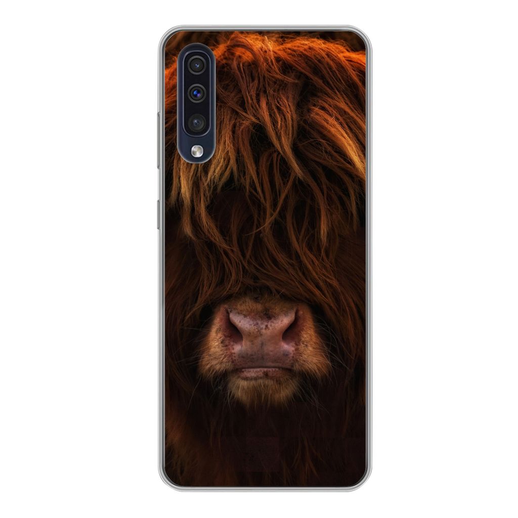 MuchoWow Handyhülle Schutzhülle Hülle für Samsung Galaxy A50 Schottischer Highlander - Kuh - Schwarz - Porträt Silikon Softcase Handy Hülle...