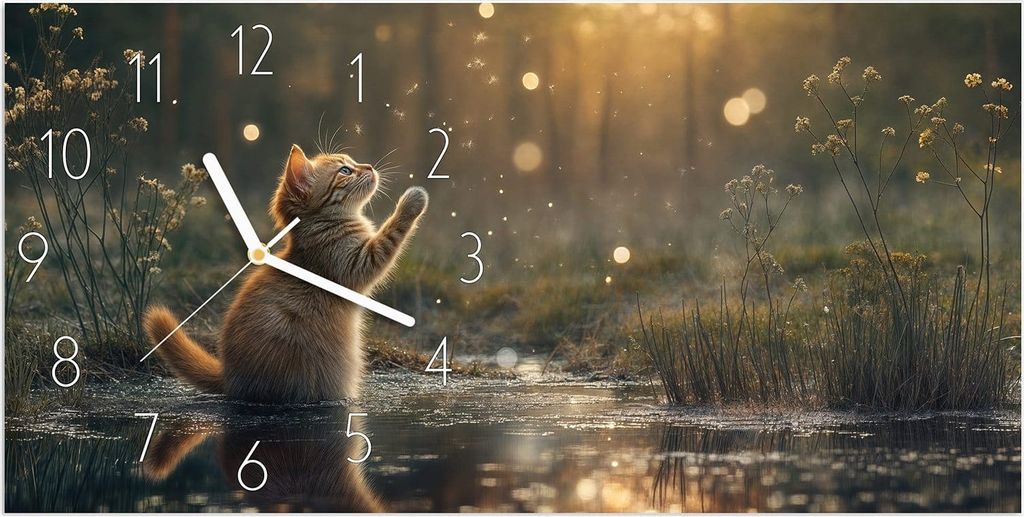 Wanduhr aus Glas mit Motiv Katze mit Marienkäfer- 60 x 30 cm - inkl. Aufhängesystem