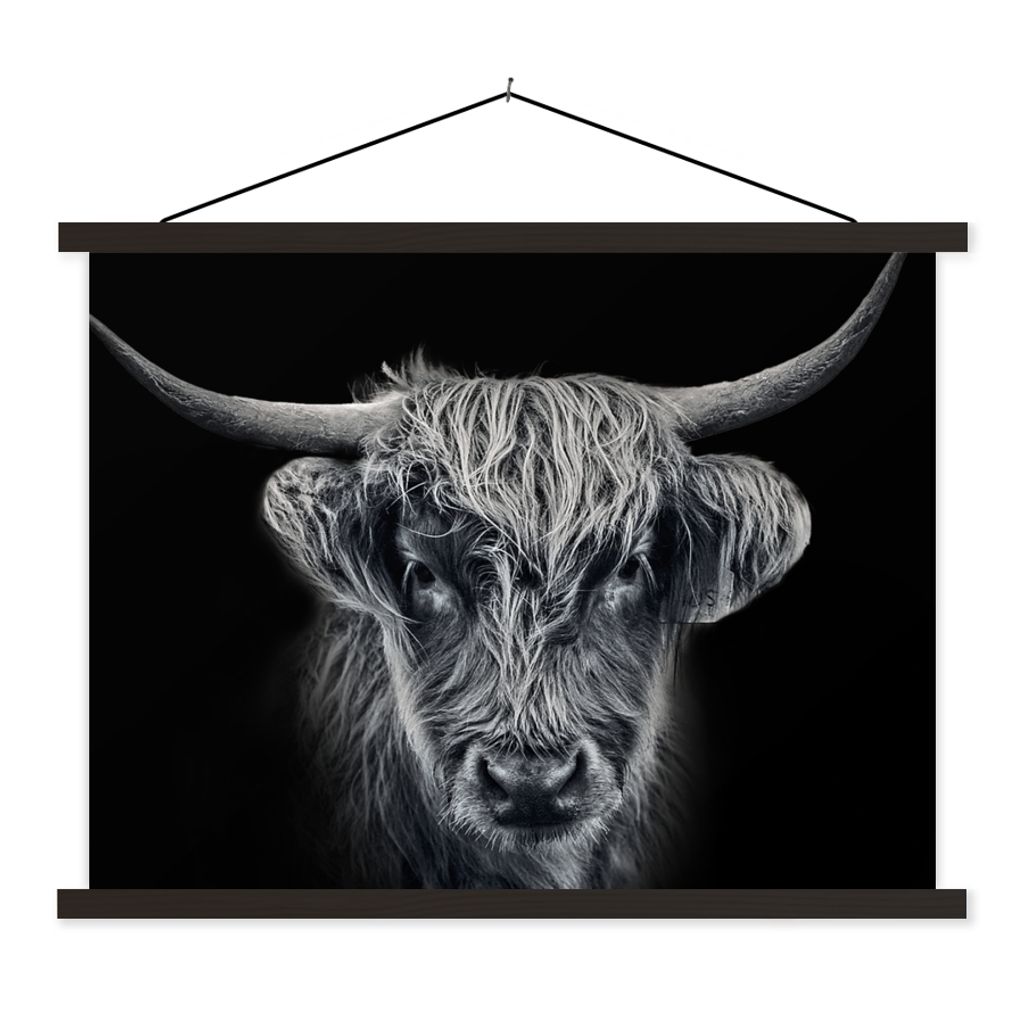 MuchoWow Textilposter Schottischer Highlander - Schwarz - Kuh - Tiere 120x90 cm mit schwarzem Rahmen - Aufhänger für Poster