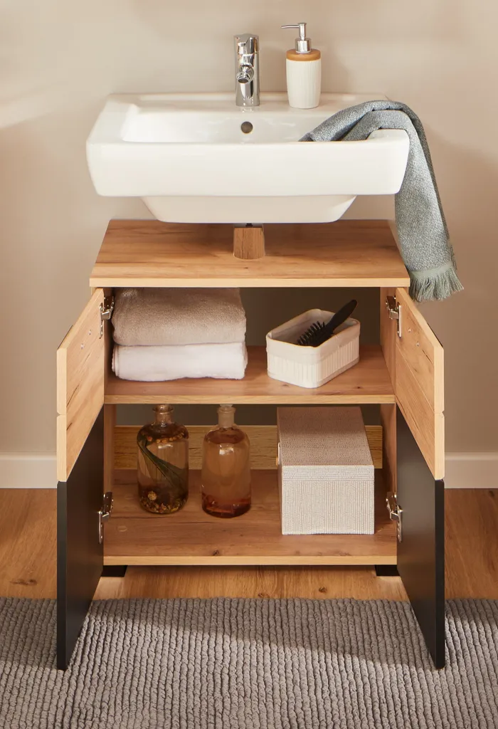 Meuble sous vasque 60cm Chêne Artisan et Noir mat - Modèle Riom