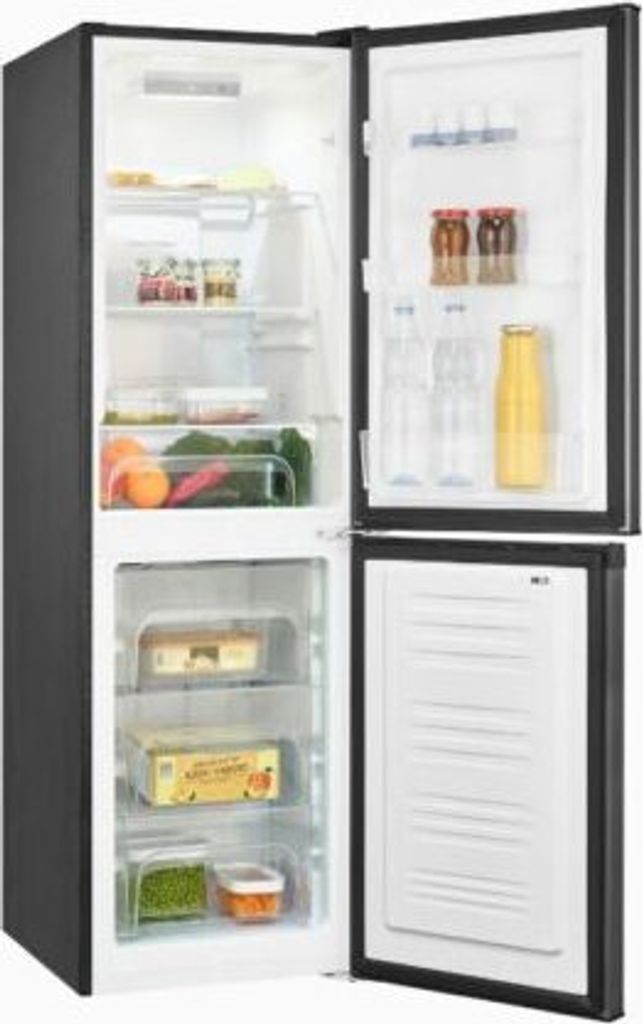 An open refrigerator and freezer with food items inside.