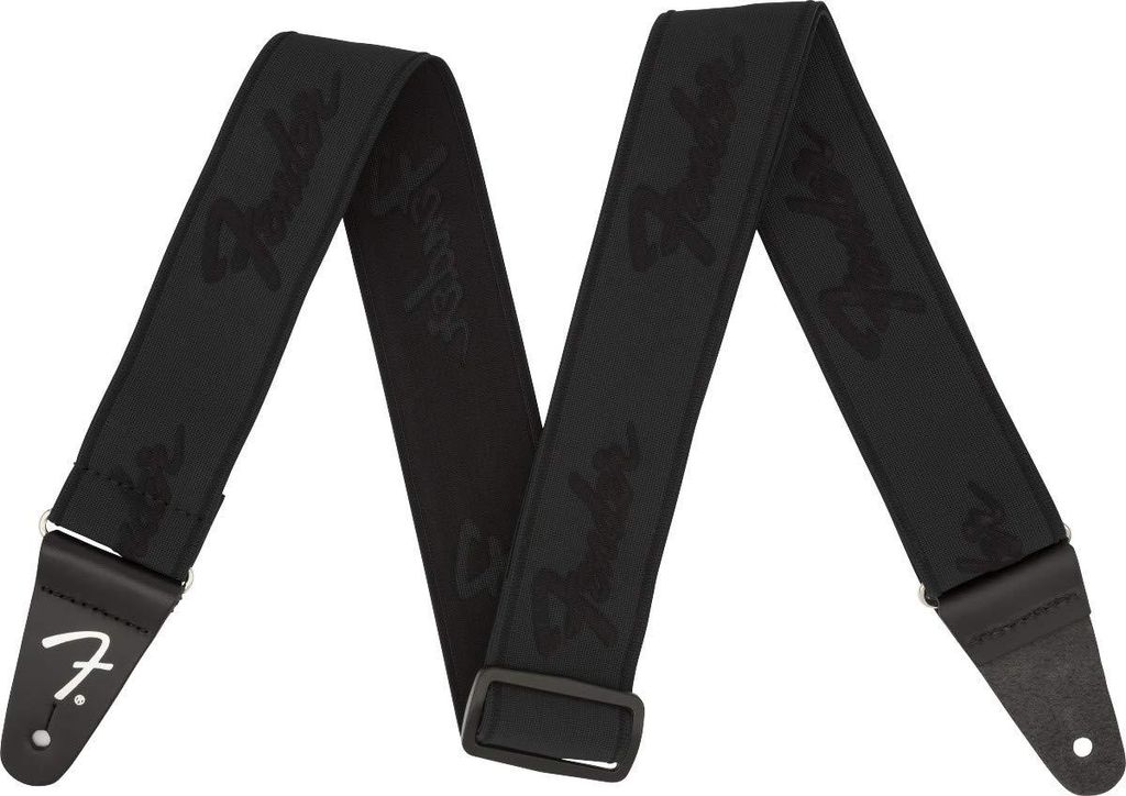 Fender WeighLess Running Logo Guitar Strap, 2in, Black/Black