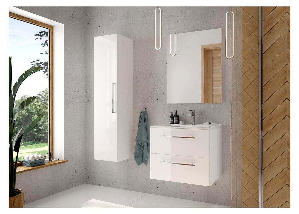 Waschbeckenunterschrank in Weiß Hochglanz, wandhängender Badezimmerschrank mit Keramik-Waschbecken 60 x 50 x 45,6 cm
