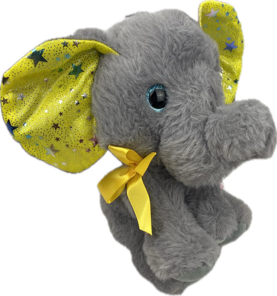 Kuscheltier Elefant 18 cm grau – mit gelben Glitzer-Ohren und Schleife, Weiches Plüschtier, Stofftier