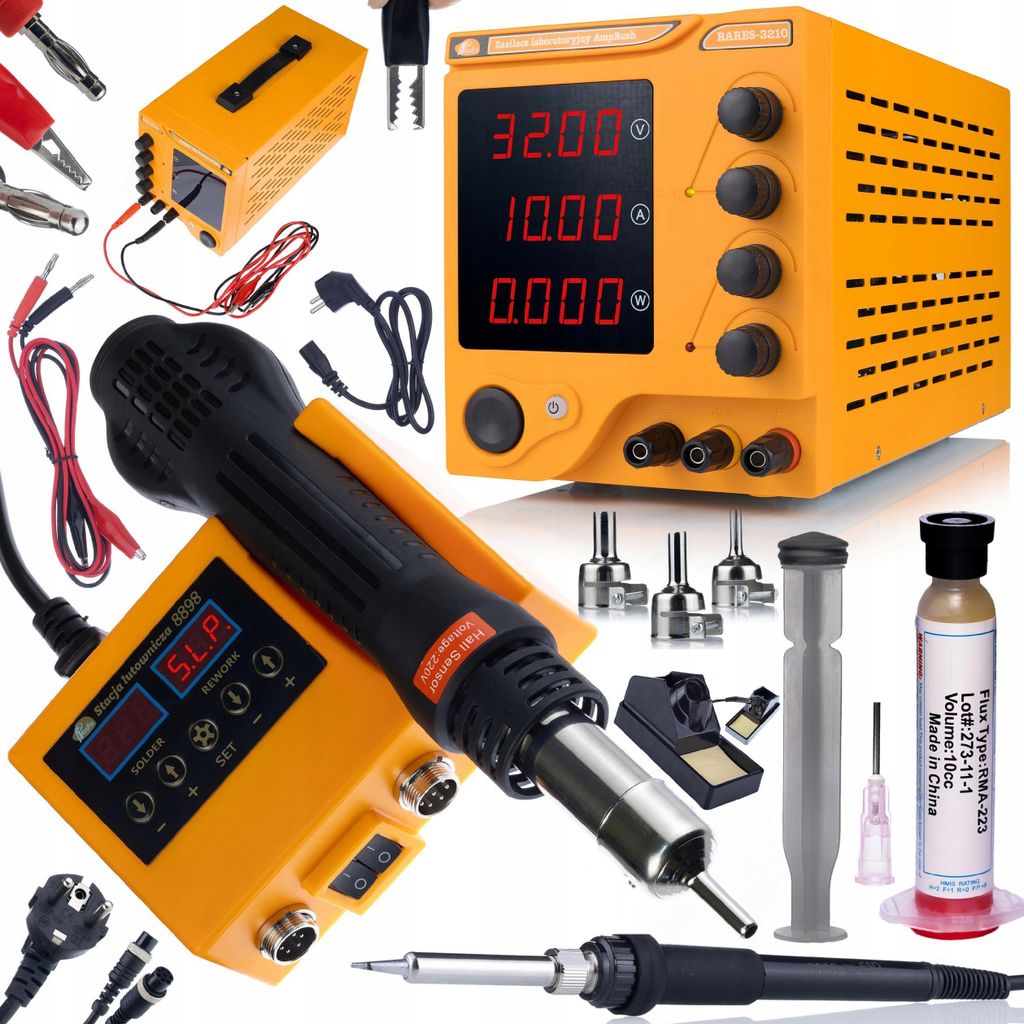 Rosfix Set AmpRush RARES-3210 + Orange Husky OH660 – Labornetzgerät 32V 10A & Lötstation 2in1 Hot-Air/900M | Präzise Regelung