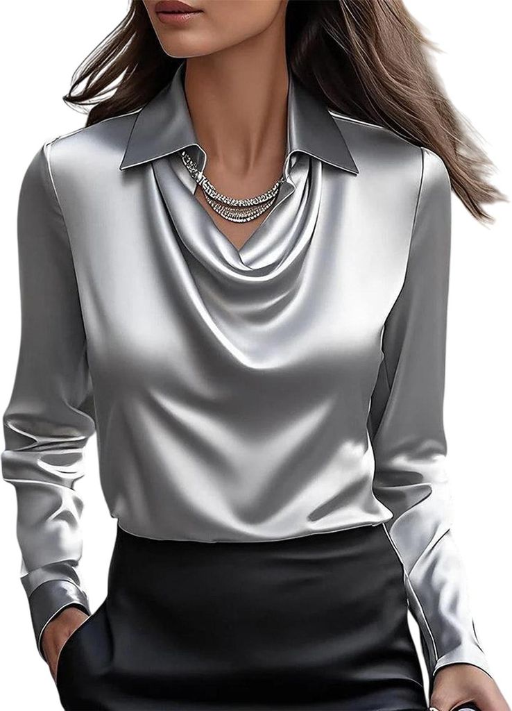 ASKSA Damen Satin Bluse Wasserfallkragen Elegante Oberteile Langarm Seide Hemdbluse Arbeitshemd Business Langarmshirt (Grau,L)