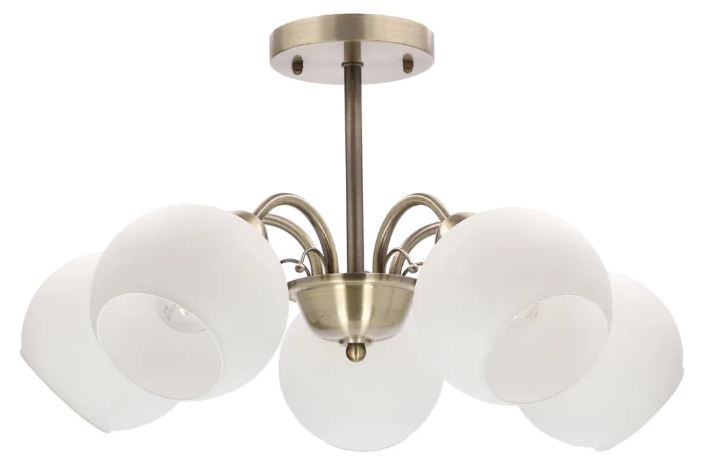 Plafonnier blanc patiné Nestor 5 lumières E27 abat-jours verre dépoli