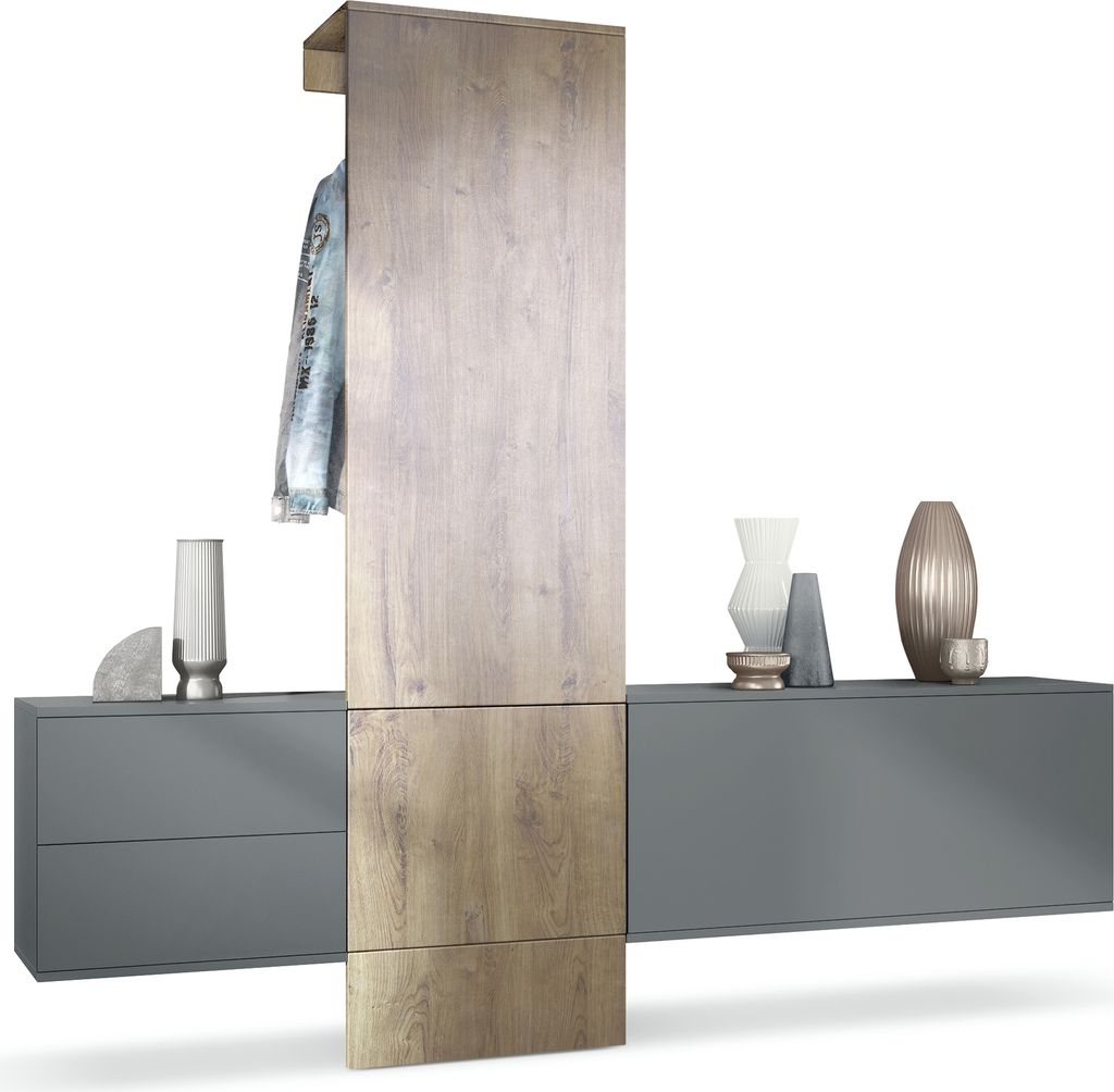 Vladon Garderobe Carlton Set 1, Germany, Flur-Garderobe aus Deko-paneel, Schubladen-Kommode & Schuhschrank, Anthrazit matt / Eiche Ribbeck (209 x 1...