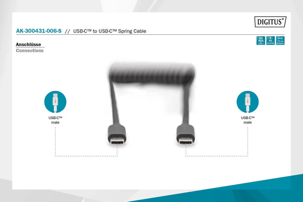 Cavo DIGITUS USB-C a USB-C Coiled 1 metro - Ricarica Rapida PD 60W - 4