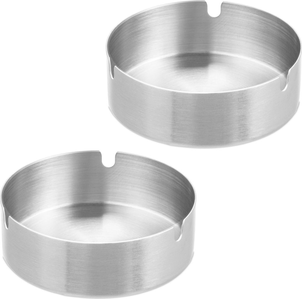 Relaxdays Aschenbecher, 4er Set, Edelstahl, draußen & drinnen, Ø 10 cm, Tischaschenbecher mit Zigarettenhalter, silber