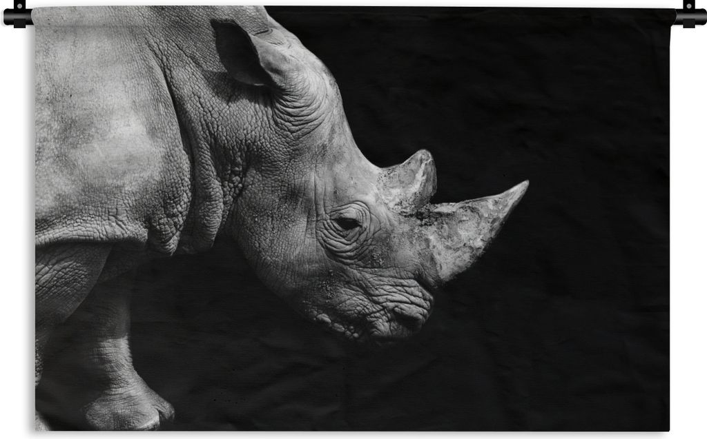 MuchoWow Wandteppich Wandbehang Portrait Nashorn auf schwarzem Hintergrund 60x40 cm Tapisserie Dekoration Wandtuch - Wanddekorationen