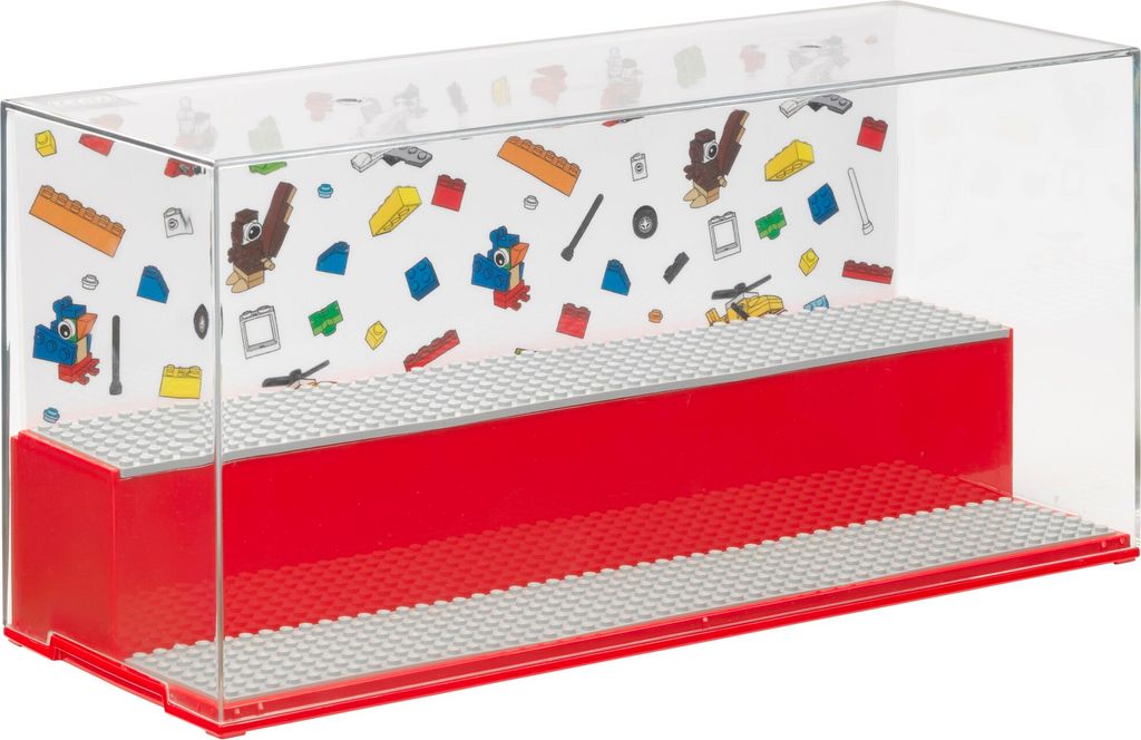 A clear, professional studio shot of a LEGO display case.