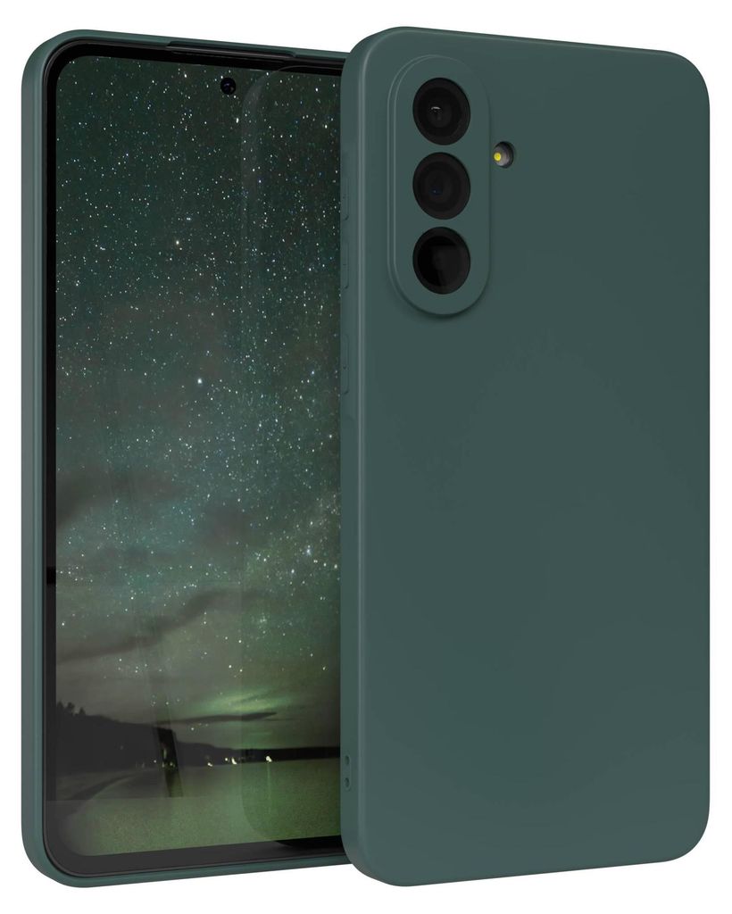 A dark green phone case is shown diagonally against a dark background with a starry sky image on the phone screen.